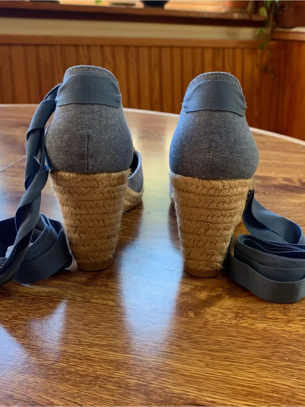 Blue Chambray Espadrille Wedge Sandals with Ankle Tie